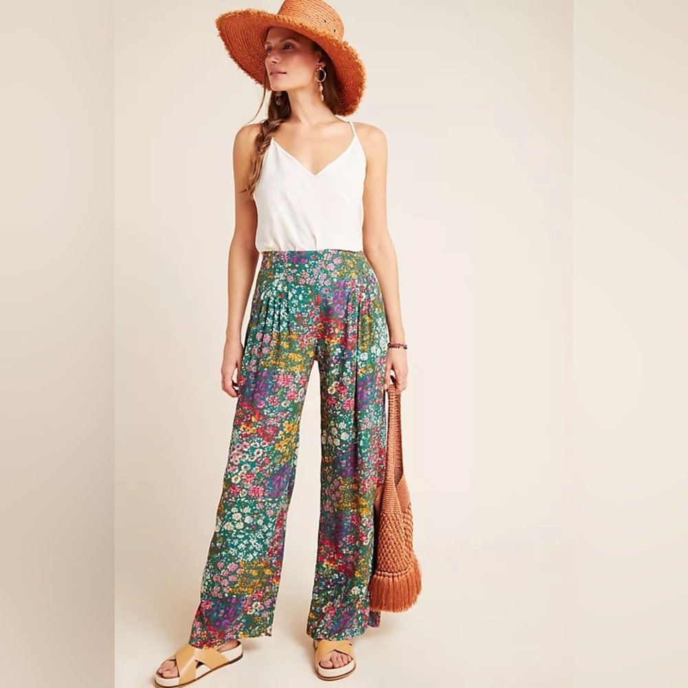 Maeve Floral Wide-Leg Pants in Green Multi